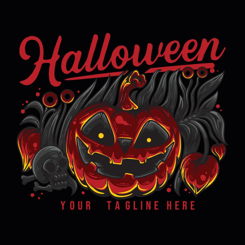 T-Shirt Design Halloween mit gruselig lächelndem Halloween-Kürbis mit schwarzer Hintergrund-Vintage-Illustration vektor