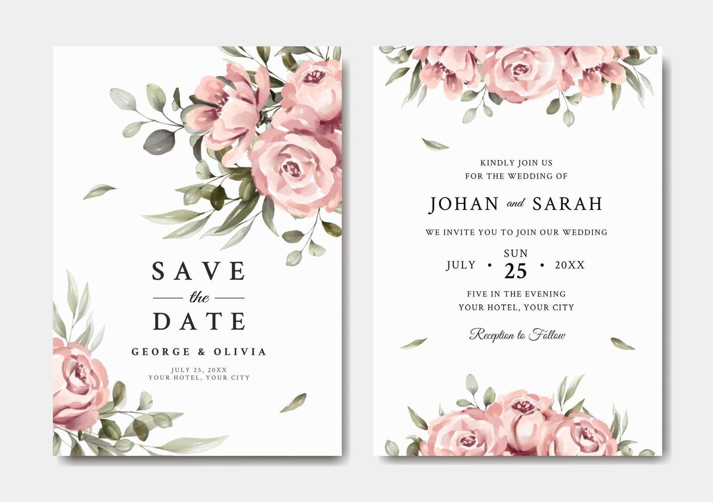 vacker bröllopsinbjudan mall med rosa blommor vektor