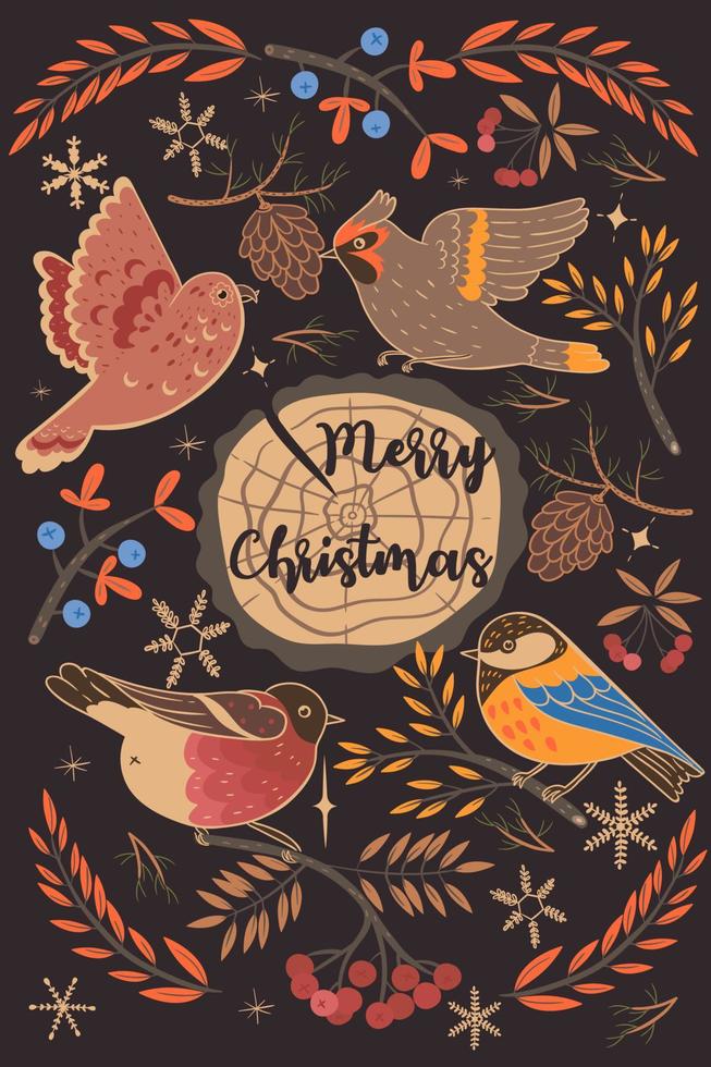 grußkarte mit wintervögeln und der aufschrift frohe weihnachten. Vektorgrafiken. vektor