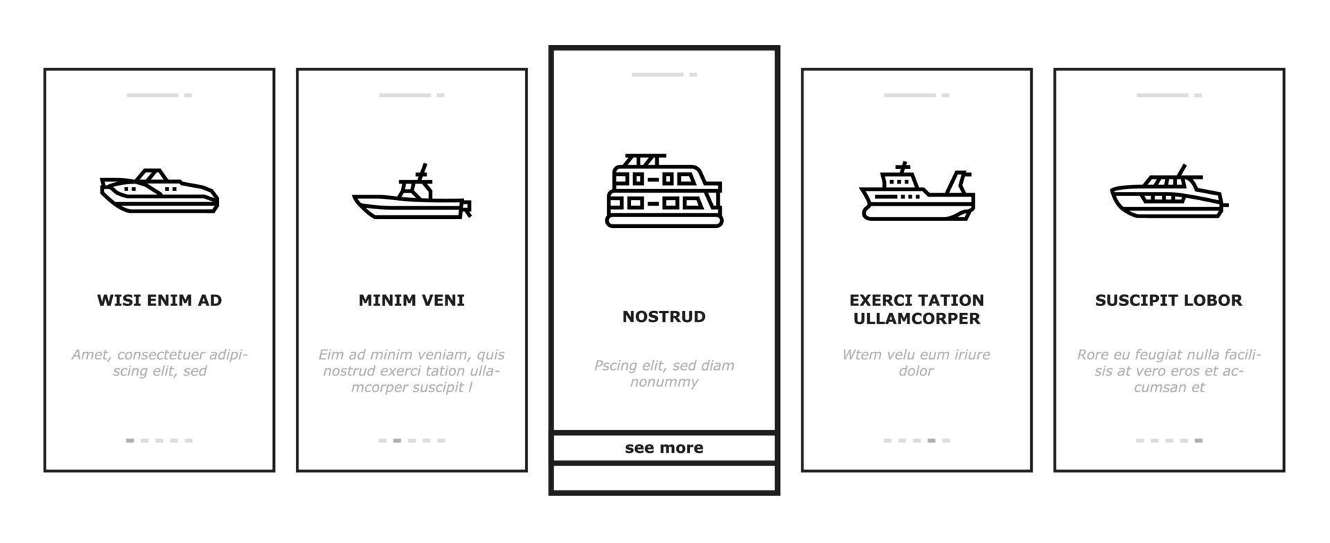 Boot Wassertransportarten Onboarding-Symbole setzen Vektor