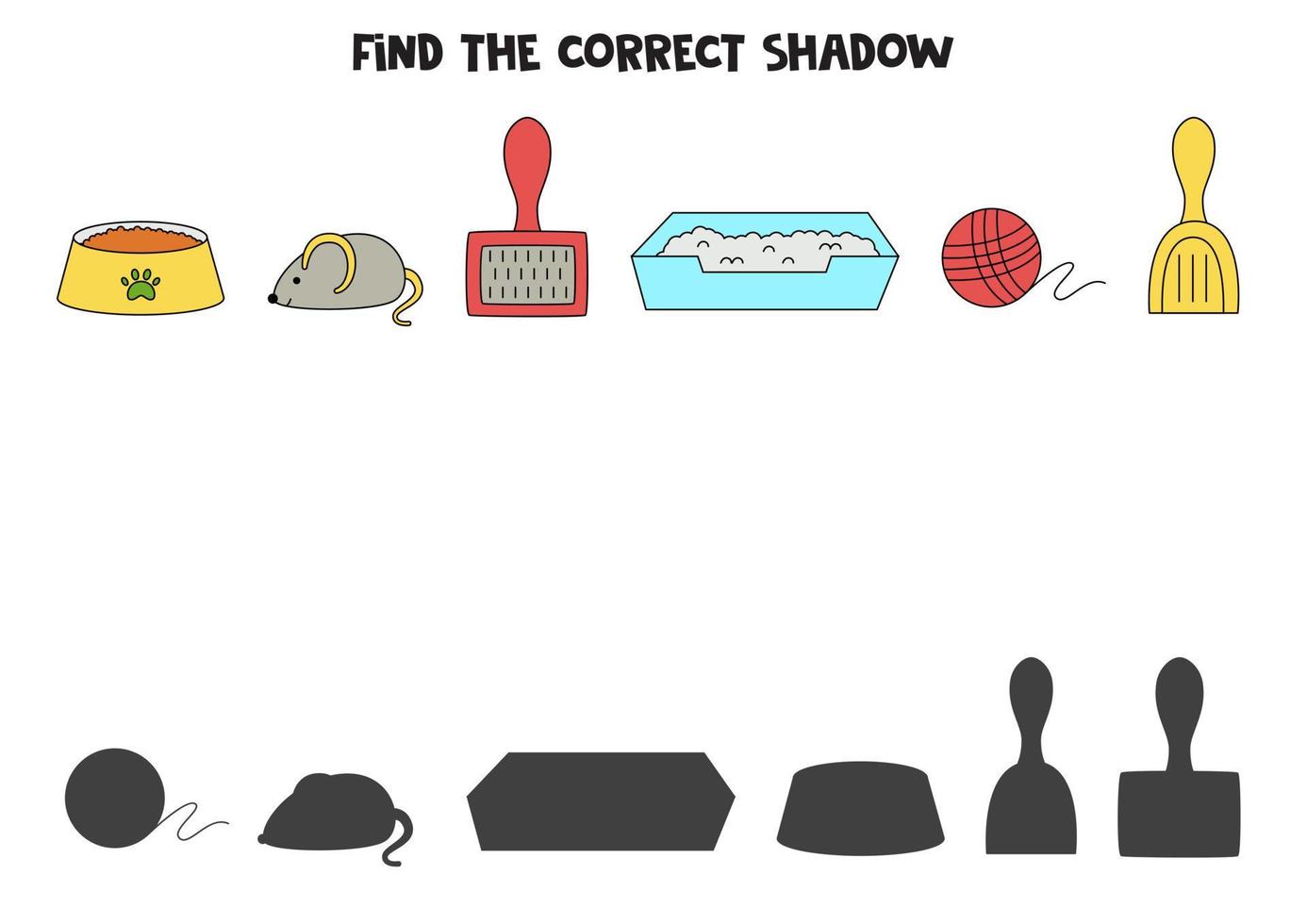 Finden Sie die richtigen Schatten von niedlichem Haustierzubehör. logisches Puzzle für Kinder. vektor