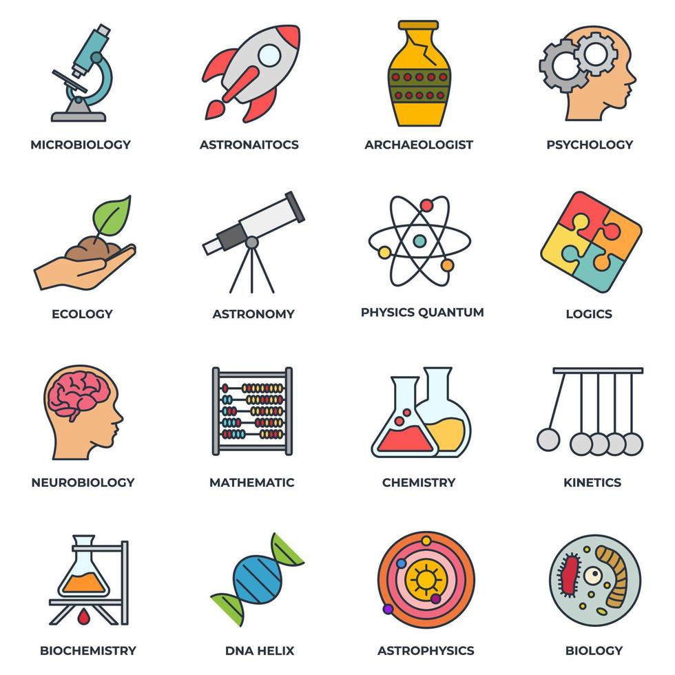 satz der wissenschaftsikonenlogo-vektorillustration. biologie, chemie, neurobiologie, physik, mikrobiologie, logik, astronomie und mehr paketsymbolvorlage für grafik- und webdesignsammlung vektor