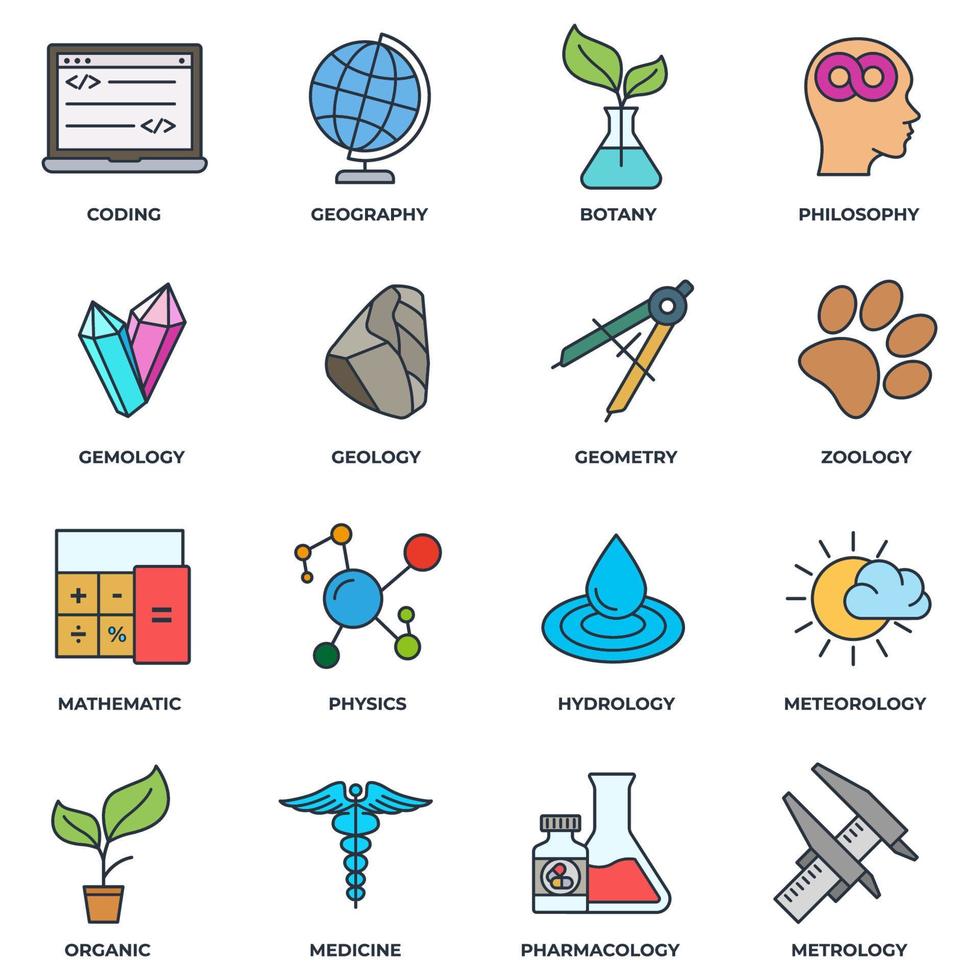 uppsättning av vetenskap ikon logotyp vektorillustration. meteorologi, medicin, geometri, gemmologi, botanik, zoologi, filosofi och mer pack symbolmall för grafik och webbdesignsamling vektor