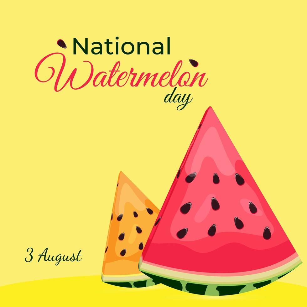 Tag der Wassermelone. 3. August. welttag der wassermelone. Nationaler Tag der Wassermelone. 2 Scheiben gelbe und rote Wassermelone mit Kernen vektor