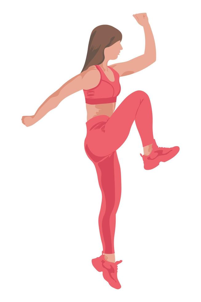 Schönes Mädchen in einem rosafarbenen Sportanzug springt für einen gesunden Körper auf weißem Hintergrund vektor