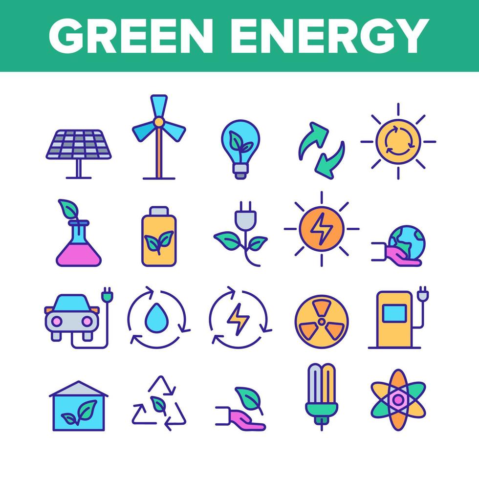 gröna energikällor vektor linjära ikoner set