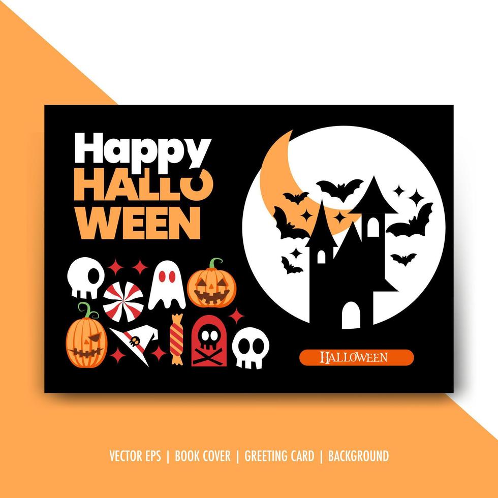 glad halloween modernt enkelt inbjudningskort med spökhus, pumpa, spöke, godis isolerad vektor