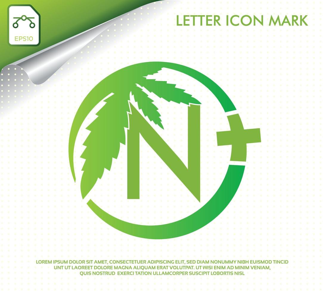 bokstaven n med grönt cannabisblad vektor logotypdesign