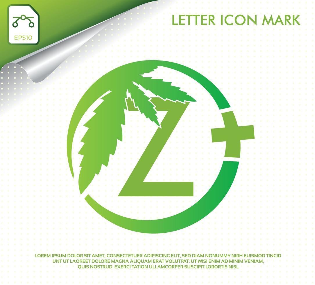 bokstaven z med grönt cannabisblad vektor logotypdesign