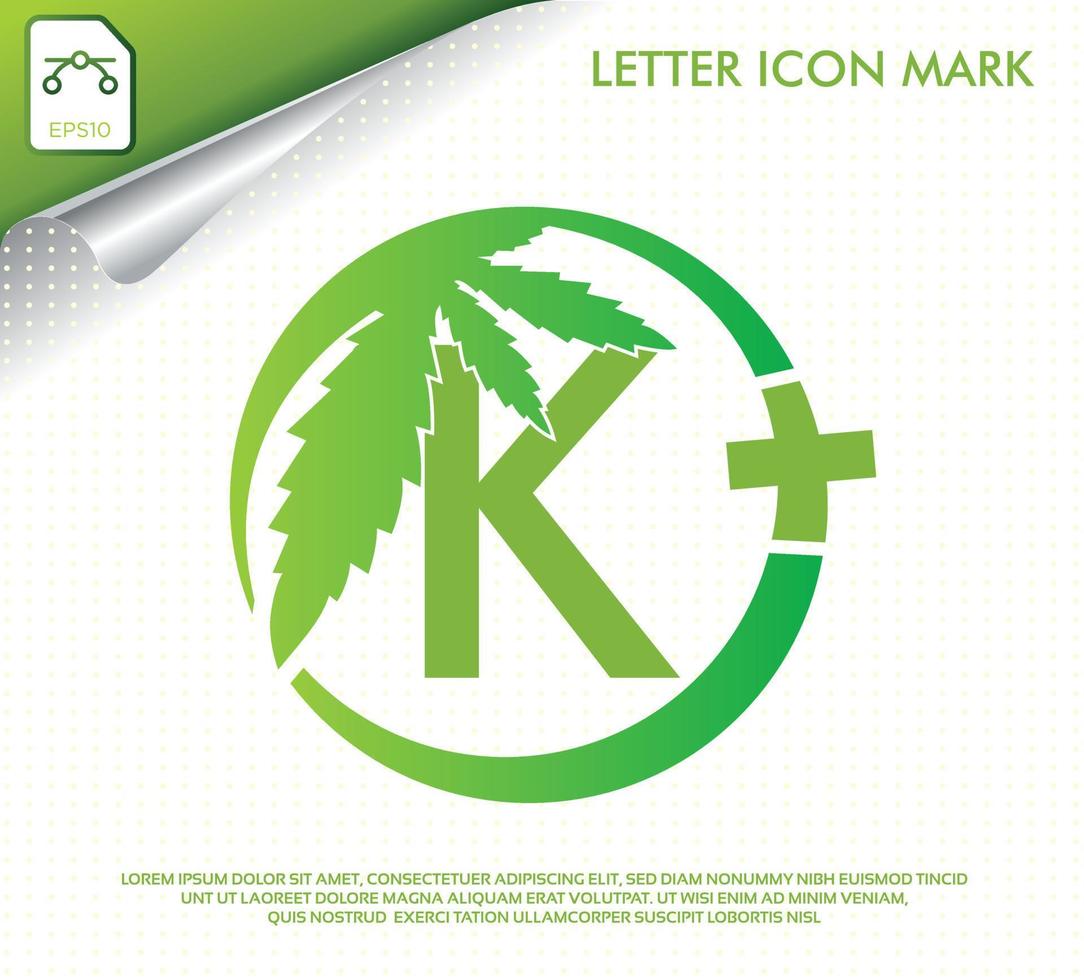 Buchstabe k mit grünem Cannabisblatt-Vektor-Logo-Design vektor