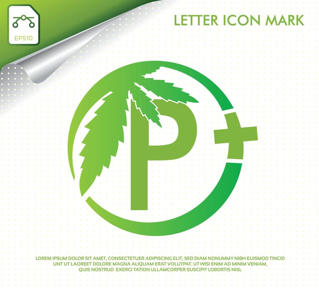 bokstaven p med grönt cannabisblad vektor logotypdesign