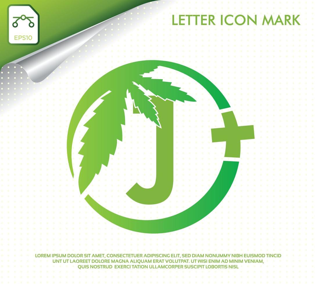 bokstaven j med grönt cannabisblad vektor logotypdesign