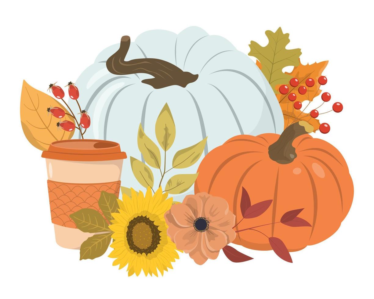 höstens blommiga pumpor arrangemang med kaffekopp, solros, torra löv, bär. isolerad på vit bakgrund. Thanksgiving day kort mall. vektor