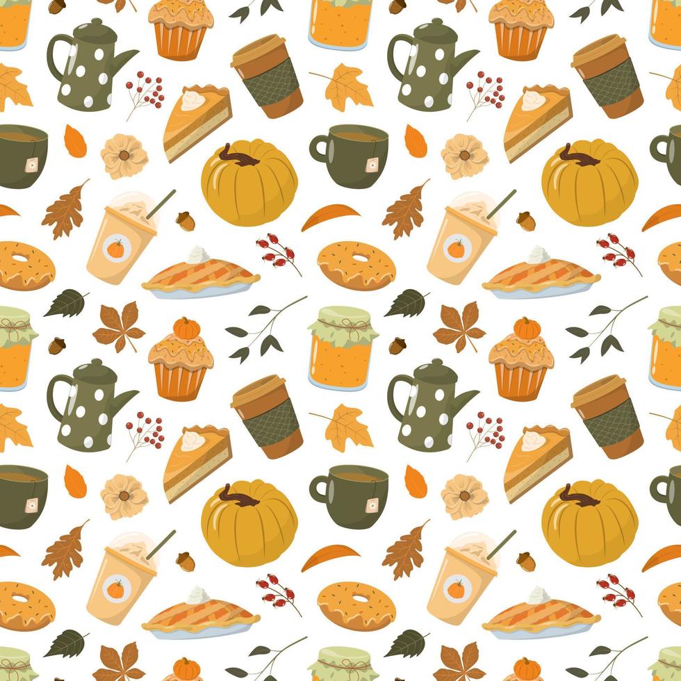 Kürbisgewürzmuster im Herbst. fallen saisonale Speisen und Getränke. isoliert auf weißem Hintergrund. süßer orangefarbener kürbis, tasse kaffee, kürbiskuchen, kuchen, blätter. vektor