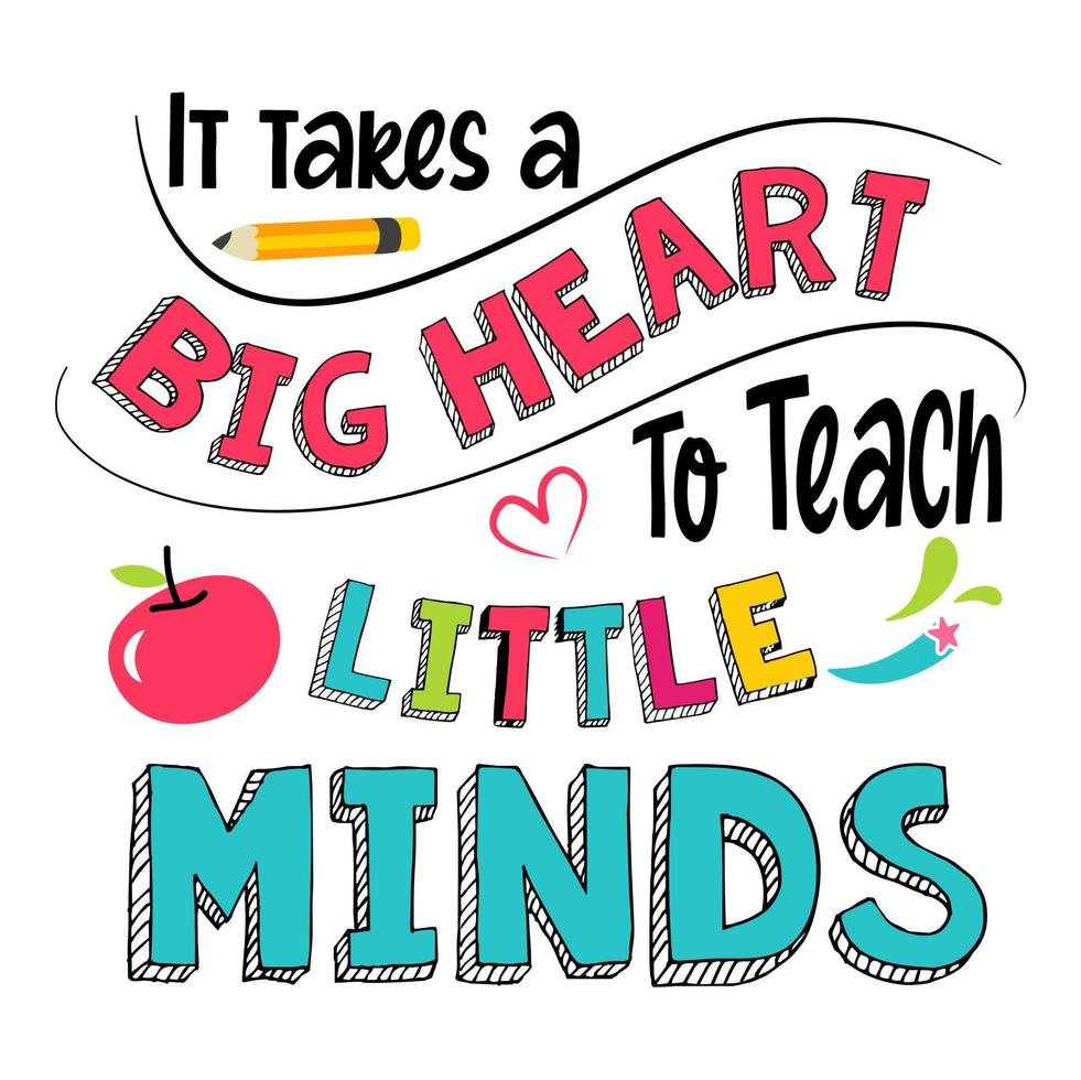 Es braucht ein großes Herz, um kleine Köpfe zu unterrichten, Lehrerzitate, die auf weißem Hintergrund isoliert sind. Lehrer-Vektor-Schriftzug-Kalligrafie-Druck für den Schulanfang, Abschluss, Lehrertag. vektor