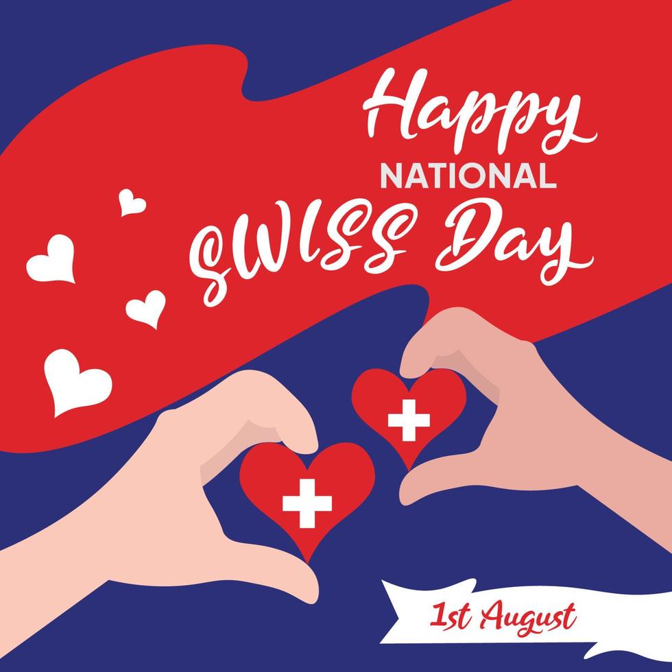 glückliche schweizer nationalfeiertagsgrußkarte, fahne mit schablonentext-vektorillustration. schweizer gedenkfeiertag 1. august gestaltungselement mit flagge, kreuz, flacher illustration. vektor