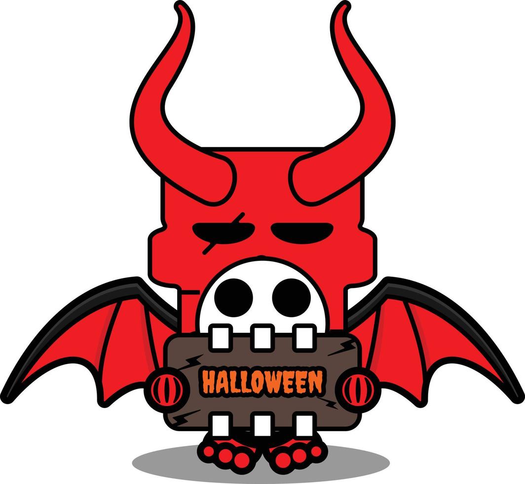 söt skalle röd djävul maskot karaktär tecknad vektor håller halloween styrelse