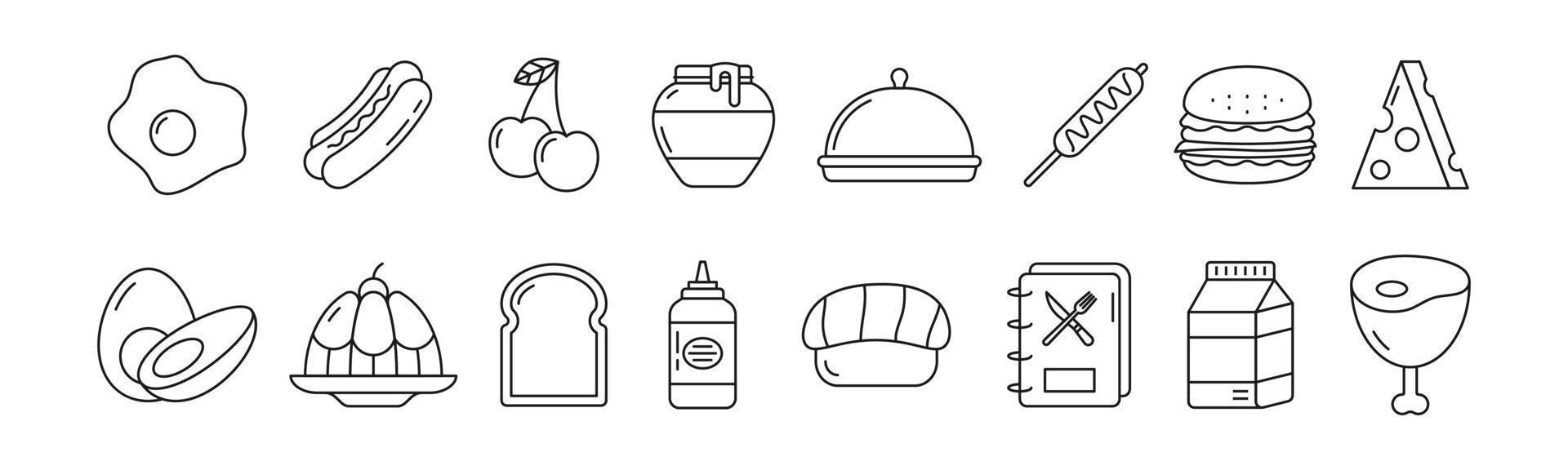 livsmedel och drycker linjekonst ikonuppsättning designmall vektorillustration vektor