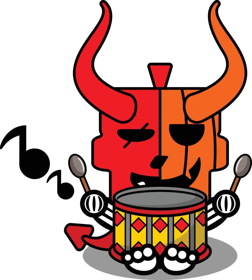 tecknad vektor söt maskot skalle pumpa röd djävul karaktär spelar trummor