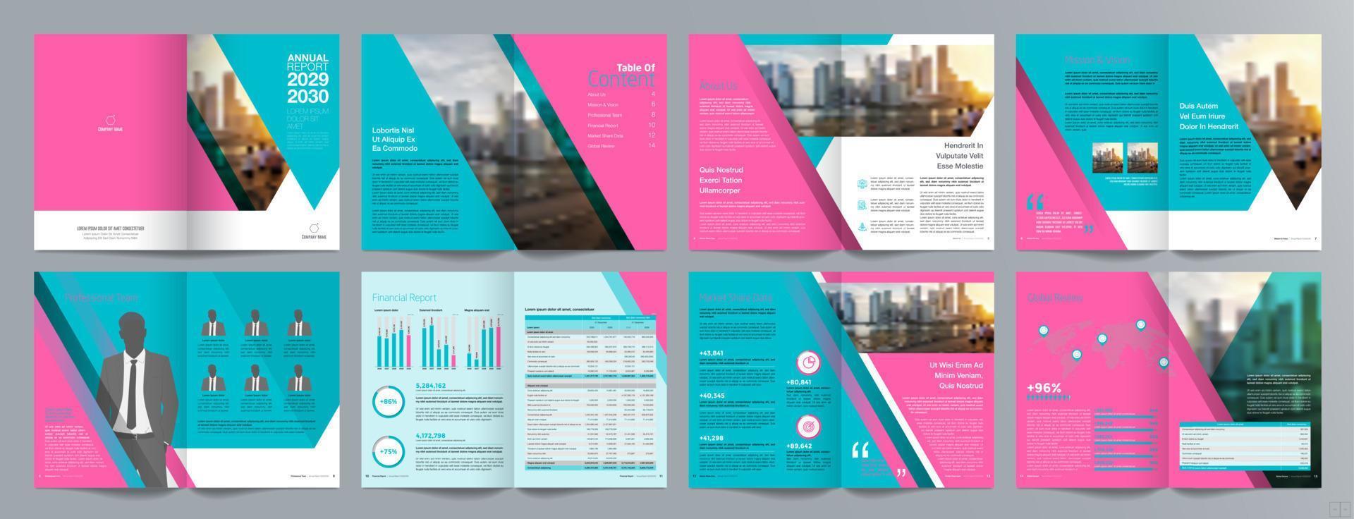 Broschürenvorlage für Unternehmenspräsentationen, Jahresbericht, 16-seitige, minimalistische, flache, geometrische Designvorlage für Geschäftsbroschüren, Größe A4. vektor