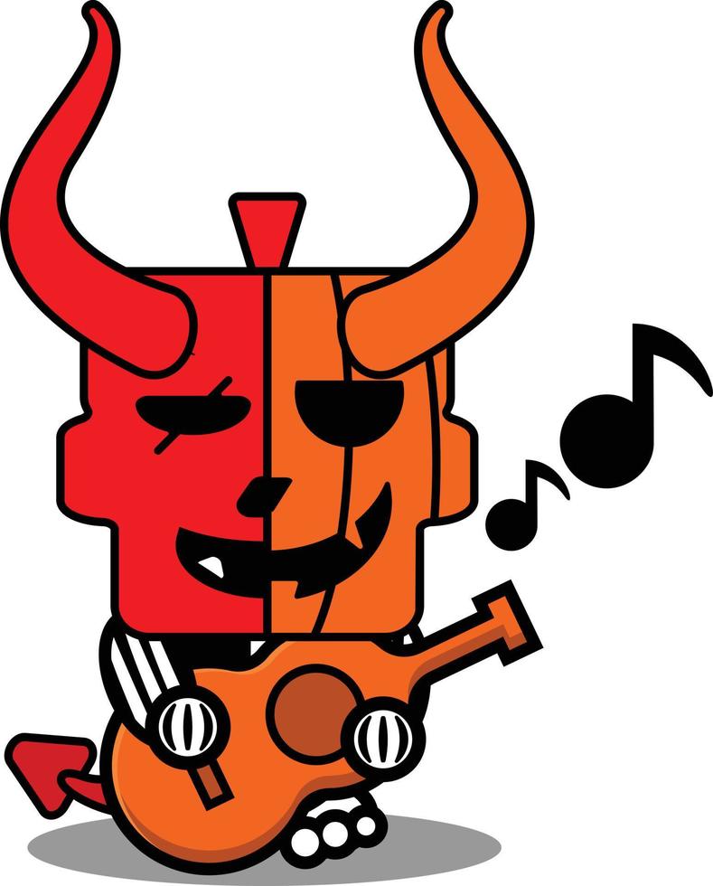 vektor tecknad söt maskot skalle pumpa djävulen röd karaktär spelar gitarr
