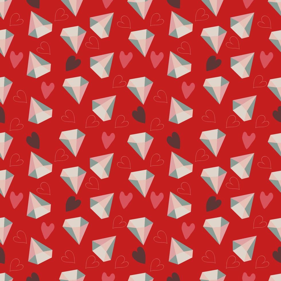 valentinstag romantisches nahtloses muster mit herzen und kristallen auf einem roten hintergrund. vektor