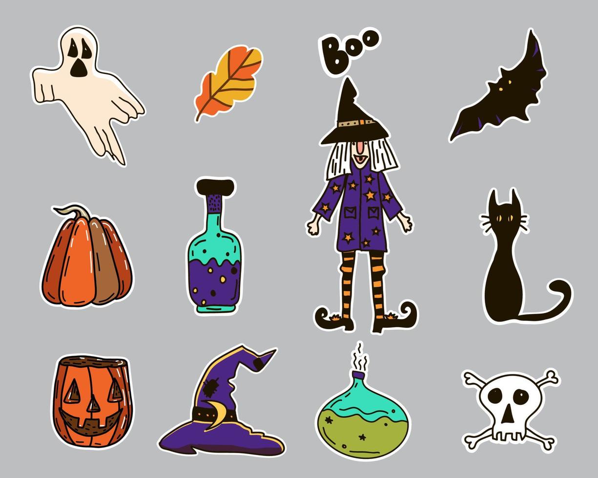 vektor halloween set. handritad illustration. häxa, pumpa, svart katt, gift, magisk kruka, dödskalle, ben, hatt, fladdermus, spöke, bu.
