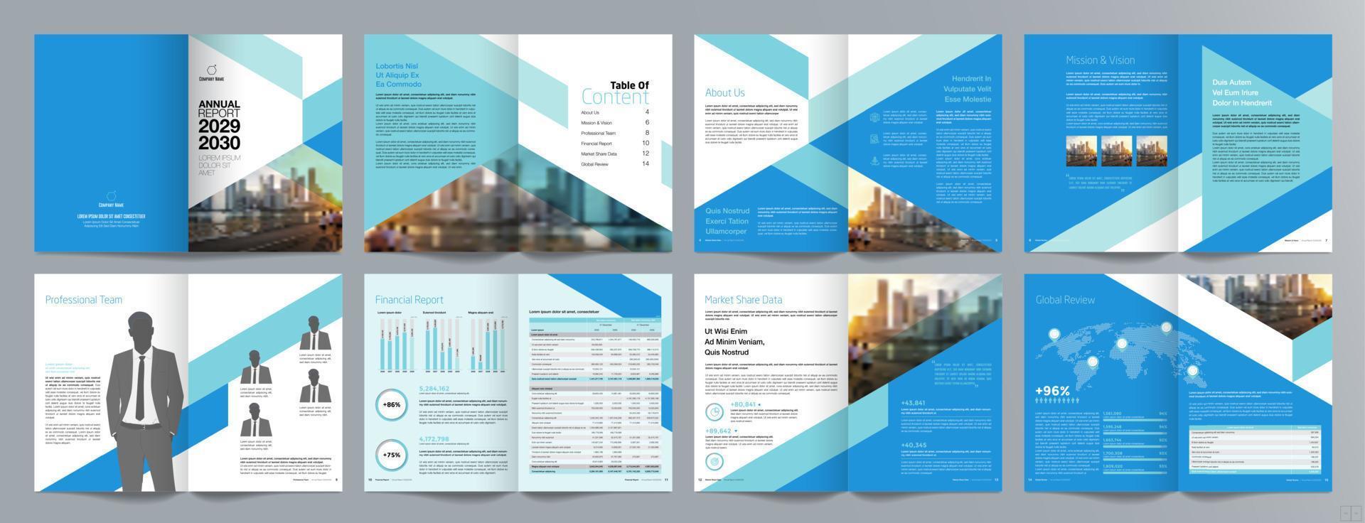 Broschürenvorlage für Unternehmenspräsentationen, Jahresbericht, 16-seitige, minimalistische, flache, geometrische Designvorlage für Geschäftsbroschüren, Größe A4. vektor