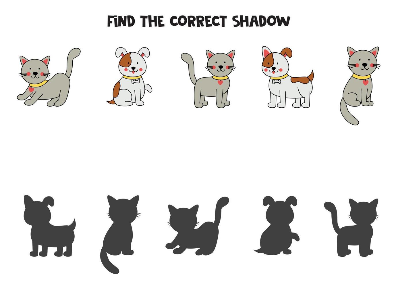 Finde die richtigen Schatten von süßen Katzen und Hunden. logisches Puzzle für Kinder. vektor