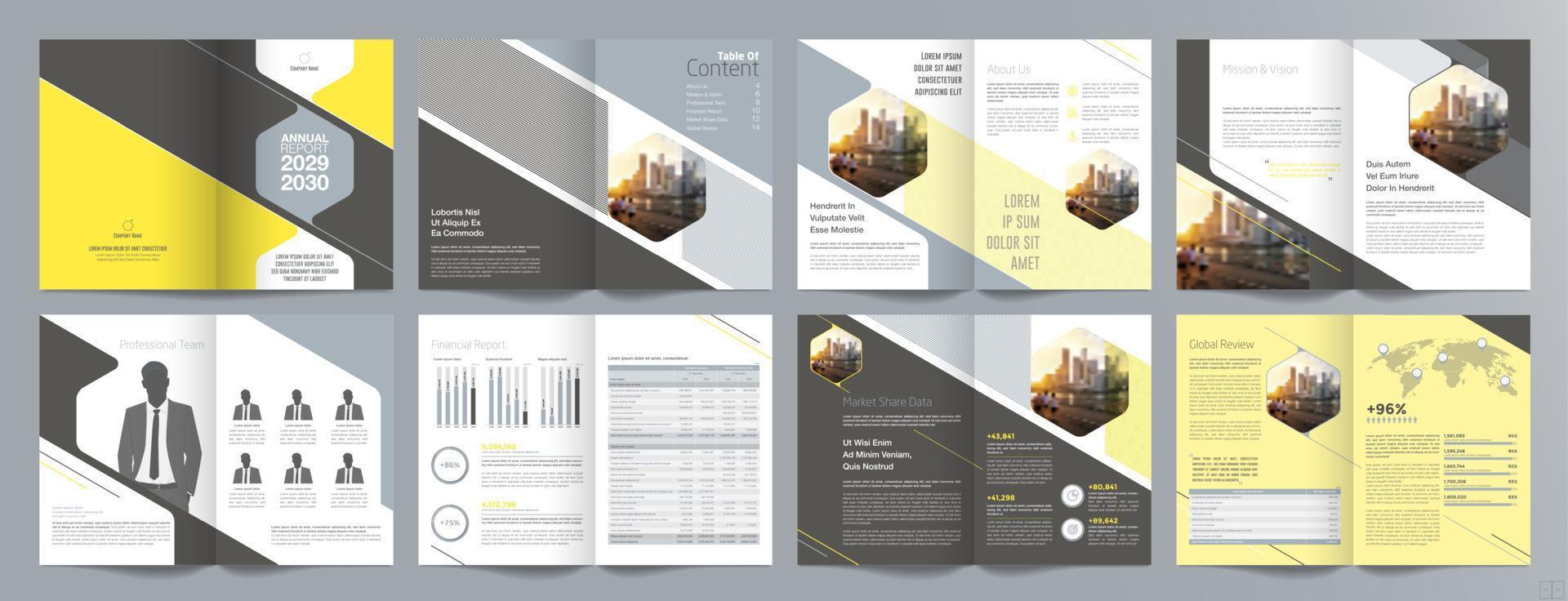 Broschürenvorlage für Unternehmenspräsentationen, Jahresbericht, 16-seitige, minimalistische, flache, geometrische Designvorlage für Geschäftsbroschüren, Größe A4. vektor