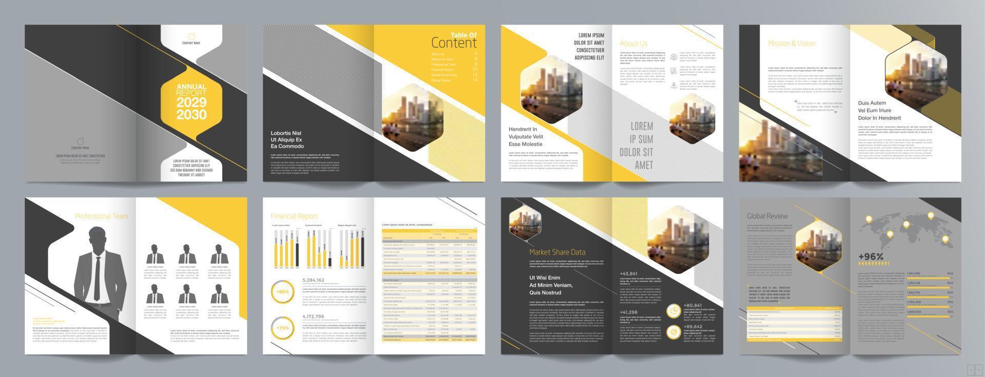 Broschürenvorlage für Unternehmenspräsentationen, Jahresbericht, 16-seitige, minimalistische, flache, geometrische Designvorlage für Geschäftsbroschüren, Größe A4. vektor