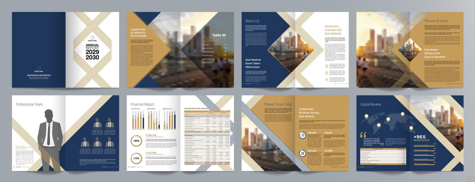 Broschürenvorlage für Unternehmenspräsentationen, Jahresbericht, 16-seitige, minimalistische, flache, geometrische Designvorlage für Geschäftsbroschüren, Größe A4. vektor