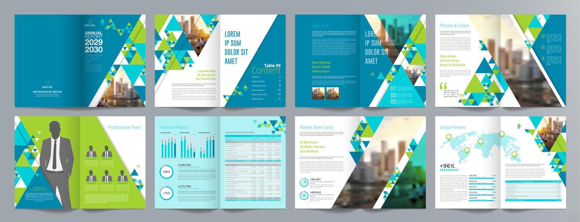 Broschürenvorlage für Unternehmenspräsentationen, Jahresbericht, 16-seitige, minimalistische, flache, geometrische Designvorlage für Geschäftsbroschüren, Größe A4. vektor