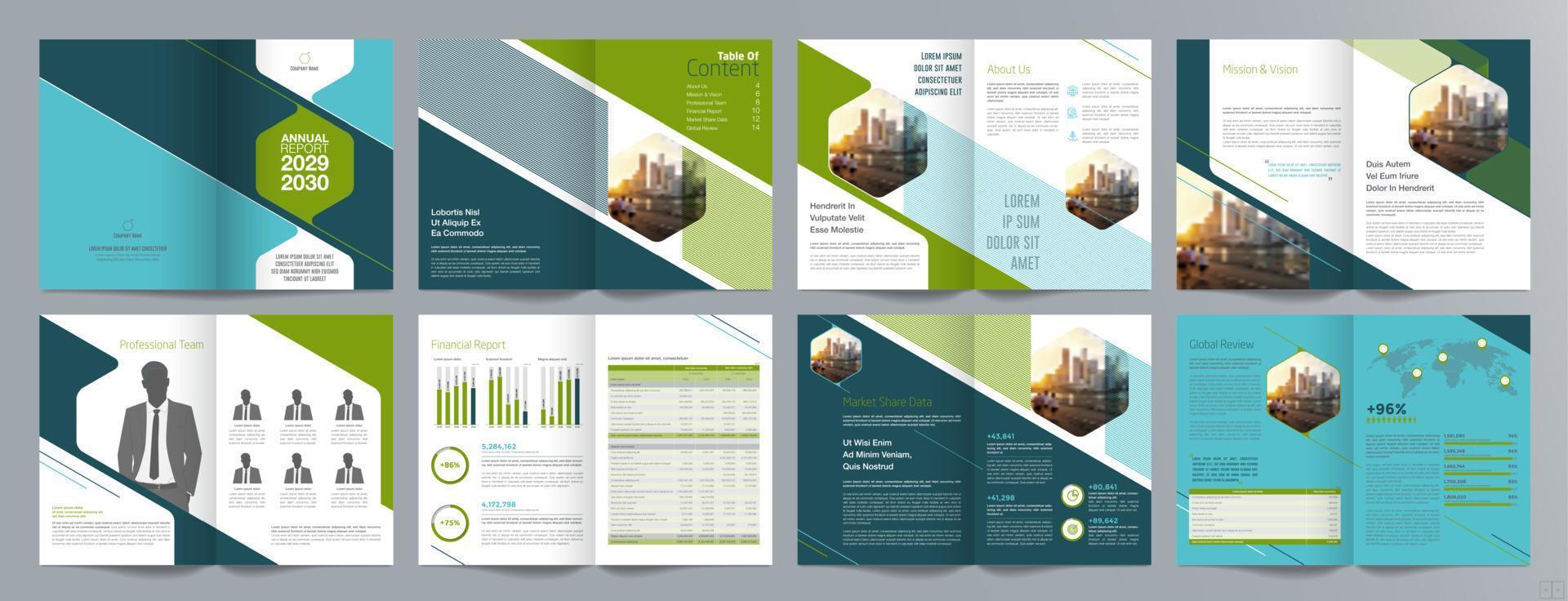 Broschürenvorlage für Unternehmenspräsentationen, Jahresbericht, 16-seitige, minimalistische, flache, geometrische Designvorlage für Geschäftsbroschüren, Größe A4. vektor