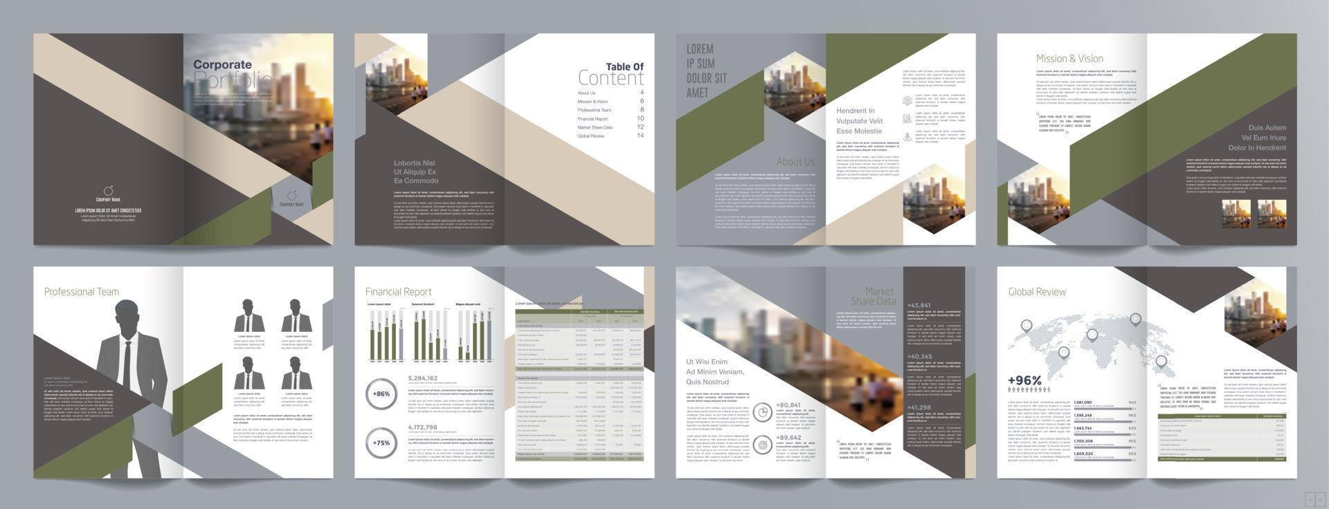 Broschürenvorlage für Unternehmenspräsentationen, Jahresbericht, 16-seitige, minimalistische, flache, geometrische Designvorlage für Geschäftsbroschüren, Größe A4. vektor