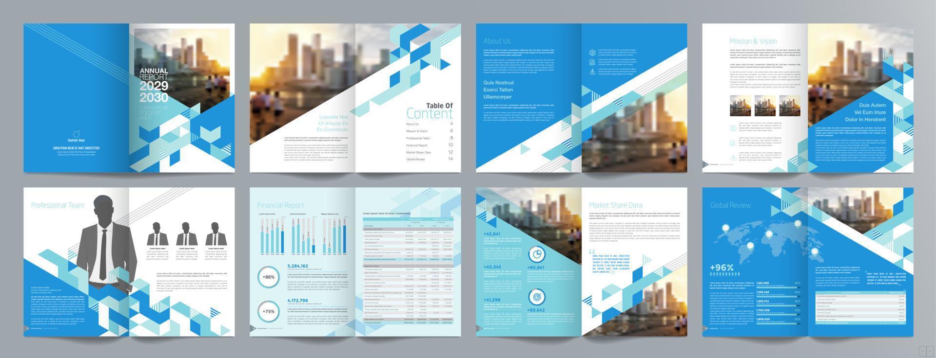 Broschürenvorlage für Unternehmenspräsentationen, Jahresbericht, 16-seitige, minimalistische, flache, geometrische Designvorlage für Geschäftsbroschüren, Größe A4. vektor