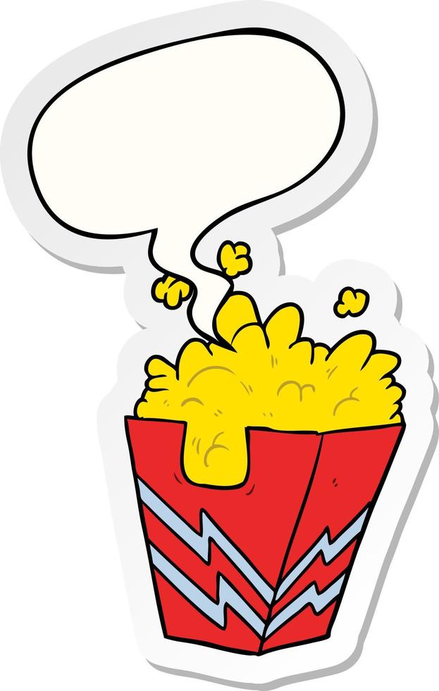 karikaturschachtel mit popcorn und sprechblasenaufkleber vektor