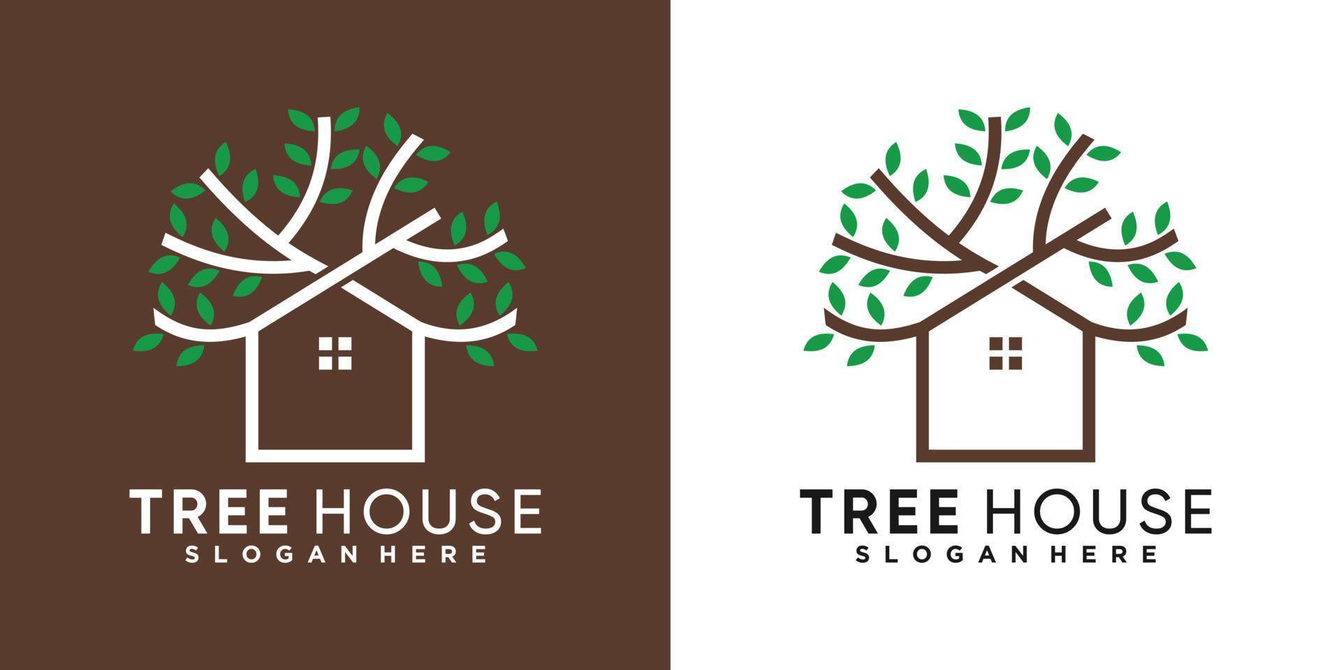 träd och hus logotyp design med linjekonst stil vektor