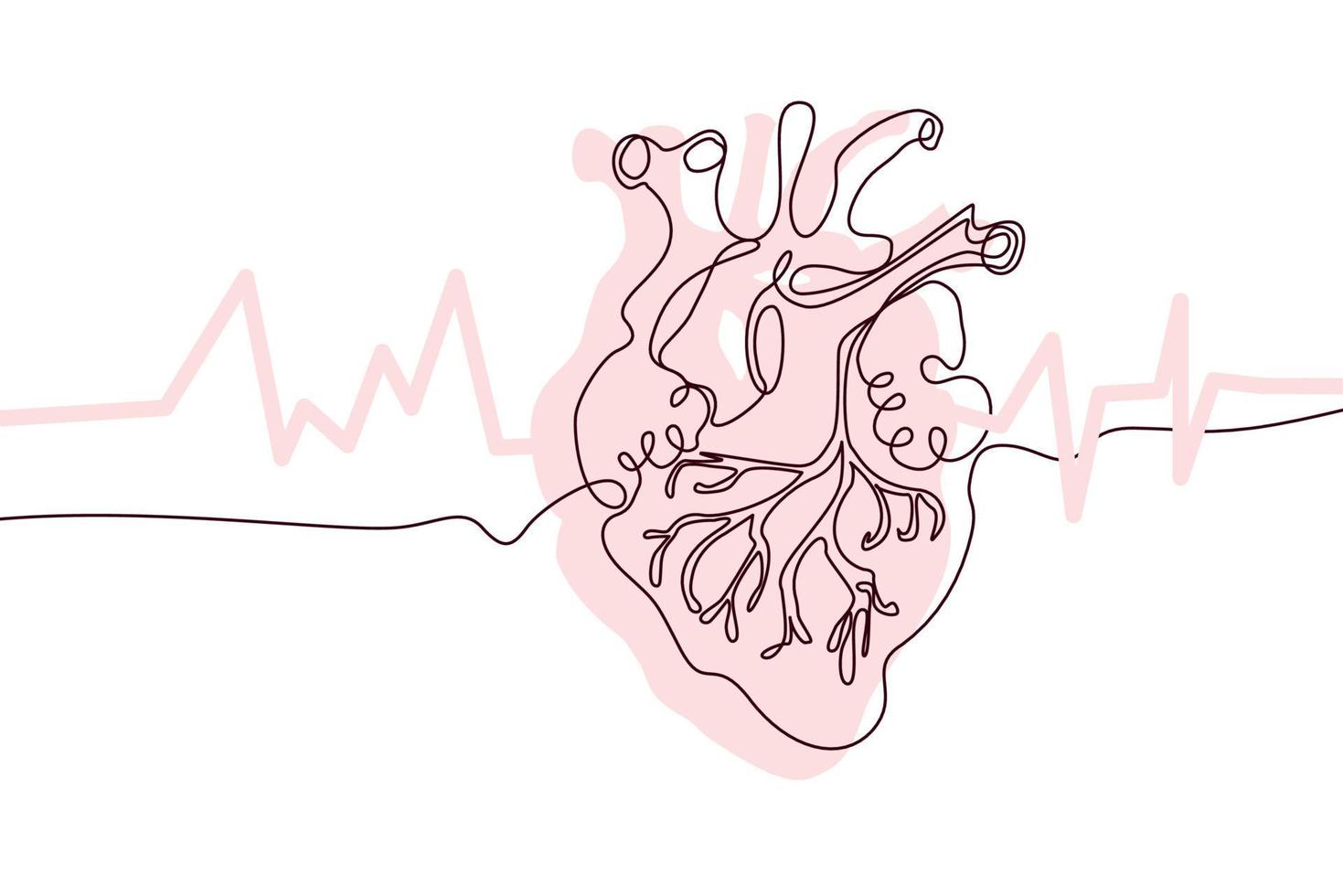 Herz handgezeichnetes Symbol durchgehende Strichzeichnung und rosa flache Silhouette. menschliche Organe. medizin trendiges konzept ein einzeiliges design. Umriss einfaches Bild Schwarz-Weiß-Vektor vektor