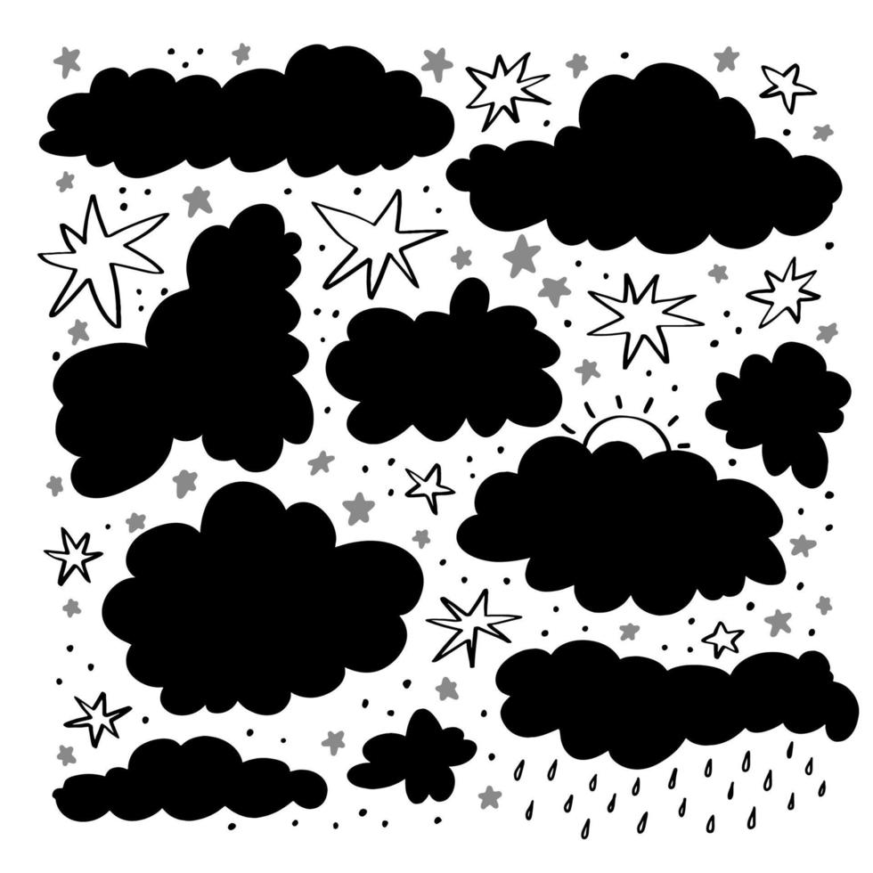 Webset von Doodle-Sternen und Wolken-Silhouetten. Gewitterwolken, bewölktes Wetter. vektorillustration von hand gezeichneten himmelschattenbildern auf weißem hintergrund. vektor