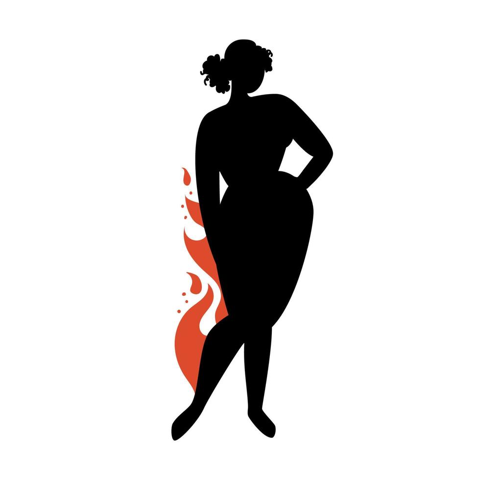 weibliche Silhouette auf weißem Hintergrund. Frauenpower mit feurigen Formen posiert. Vektor Stock Illustration einer selbstbewussten Frau ohne isolierte Komplexe.