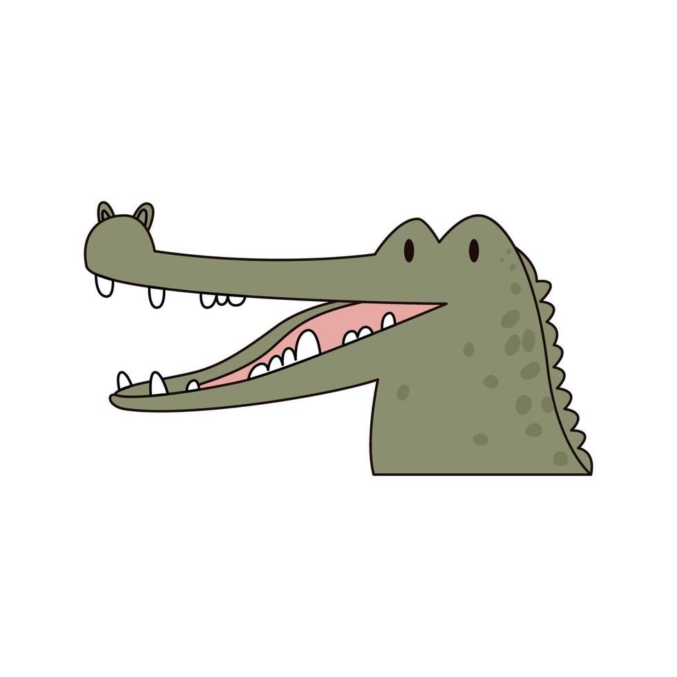 Cartoon-Krokodilkopf isoliert. Farbige Vektordarstellung eines Alligatorkopfes mit einem Strich auf weißem Hintergrund. Abbildung eines Tieres aus der Familie der Reptilien. vektor