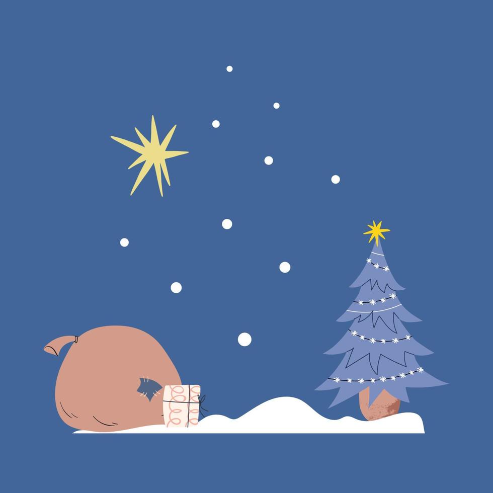 Cartoon Tasche mit Geschenken und einem Weihnachtsbaum im Schnee auf einem dunkelblauen Hintergrund. Weihnachtsgrußkarte. vektorvorratillustration lokalisiert vektor