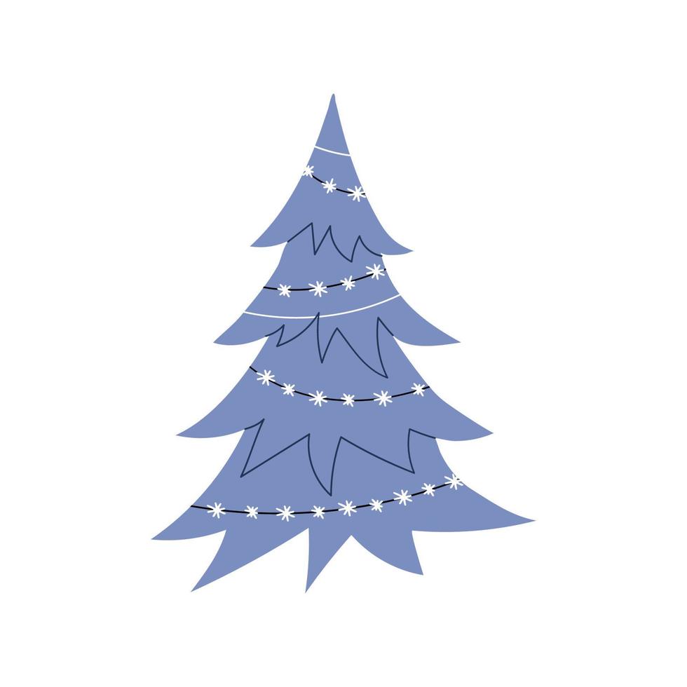 blauer weihnachtsbaum der karikatur auf einem weißen hintergrund. Weihnachtsbaum mit Girlanden geschmückt. vektorvorratillustration lokalisiert vektor