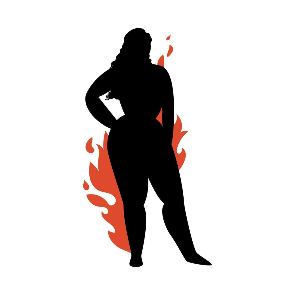 weibliche Silhouette auf weißem Hintergrund. junges attraktives Mädchen mit feurigen Formen posiert. Vektor Stock Illustration einer selbstbewussten Frau ohne isolierte Komplexe.