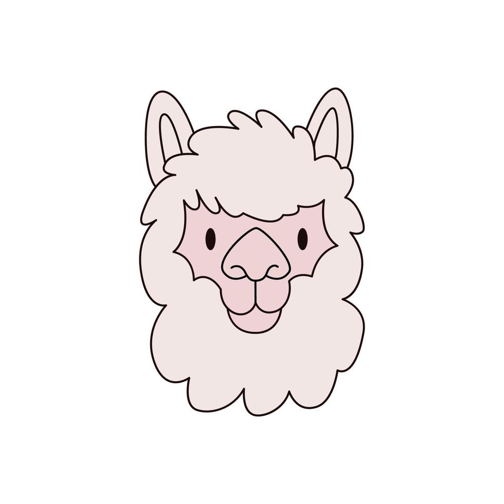 Cartoon-Lama-Kopf isoliert. Farbige Vektordarstellung eines Alpakakopfes mit einem Umriss auf weißem Hintergrund. niedliche tierillustration. vektor