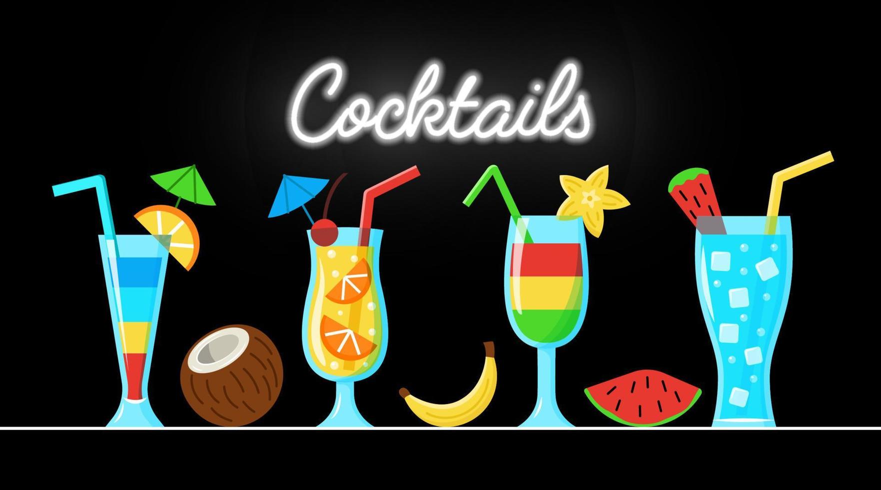 vektor cocktails med frukt på bordet nära neon "cocktail" skylt på svart. drycker samling i tecknad stil