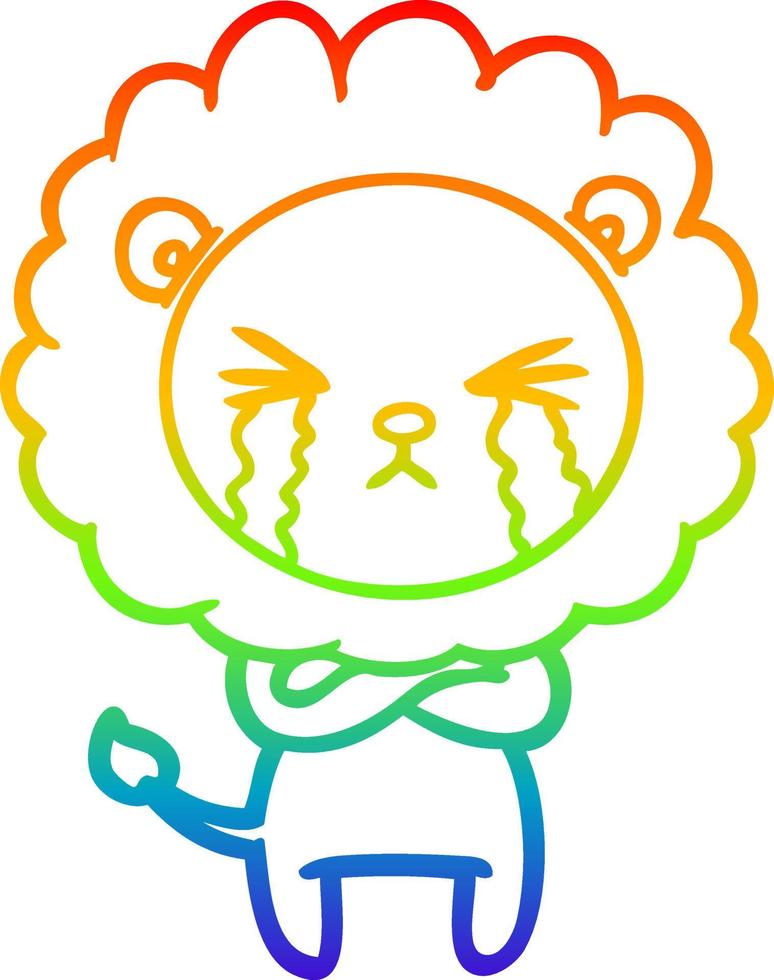 regnbågsgradient linjeteckning tecknade gråtande lejon med korsade armar vektor
