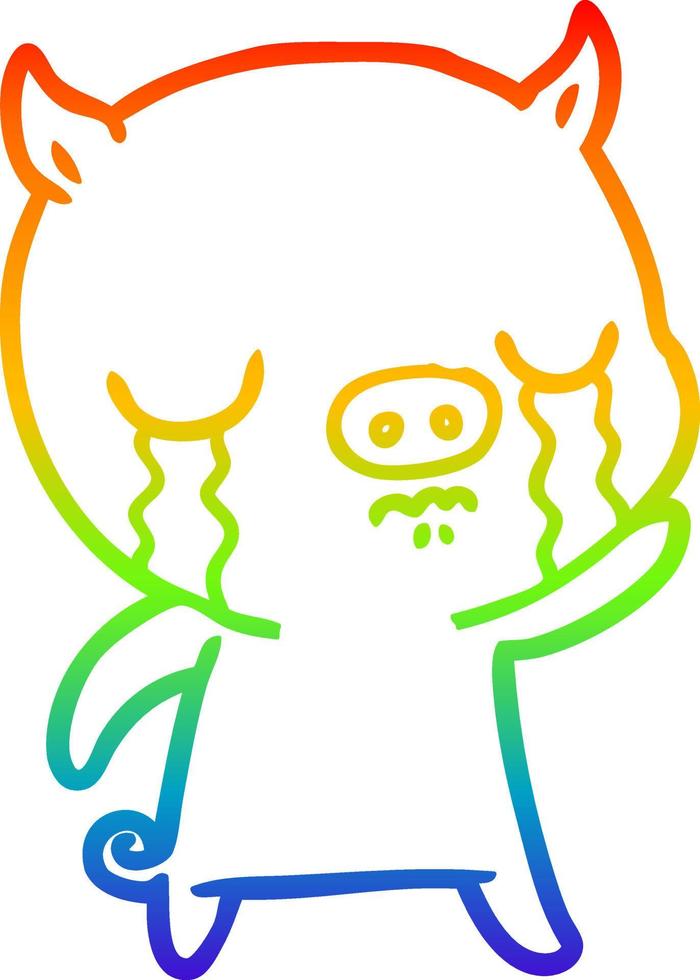 Regenbogen-Gradientenlinie Zeichnung Cartoon-Schwein weint zum Abschied winken vektor