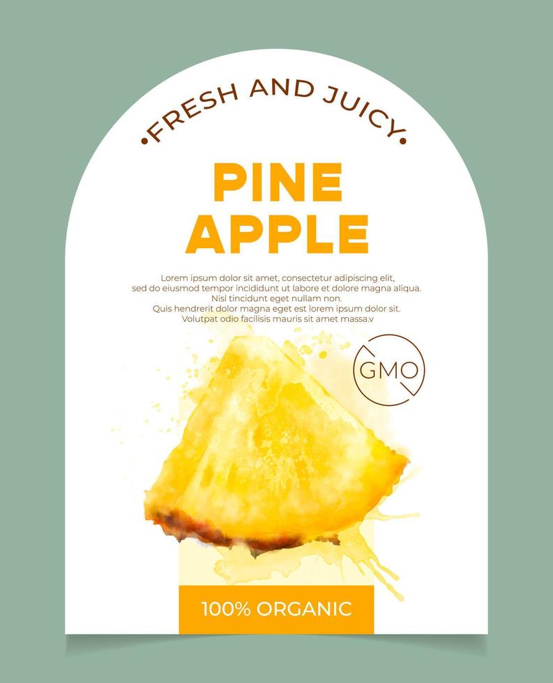 etikett, förpackning av färsk och saftig ananasfrukt. naturlig ekologisk produkt, gmo-fri. text med akvarell realistisk frukt på vit bas. mall för din produkt. vektor